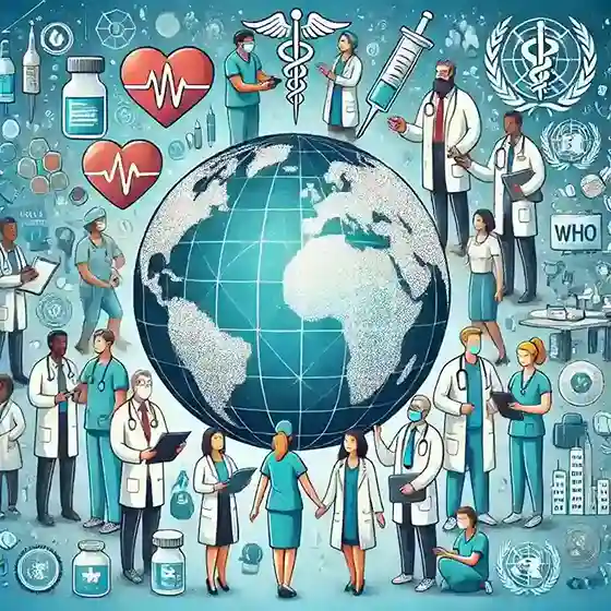 Illustration of global health with Earth at the center, surrounded by healthcare professionals, medical symbols, and the WHO logo, symbolizing international medical collaboration.