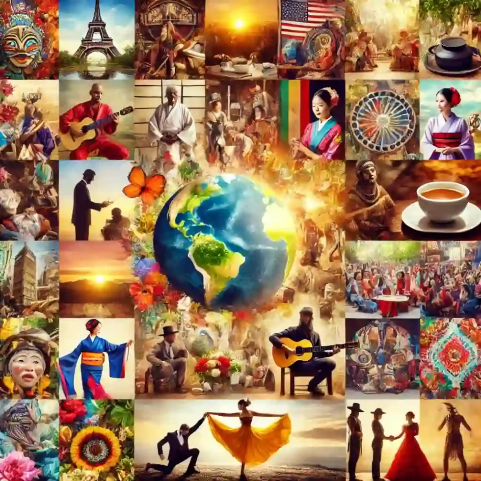 Collage of vibrant cultural elements from around the world, featuring iconic landmarks like the Eiffel Tower, traditional dances, The Richness of All Cultures