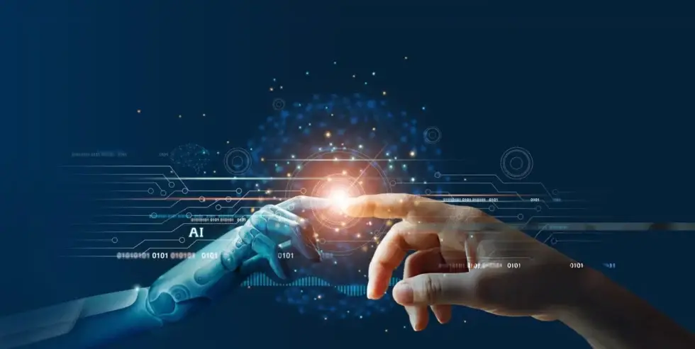 Advanced technology transforming industries with features like global connectivity, artificial intelligence, personalized medicine, cybersecurity, biotechnology advancements, and sustainable innovations. Depicts concepts such as wind turbines, solar panels, AI-driven systems, human-machine collaboration, and trends like disruptive innovation and advanced computational power for a sustainable future.