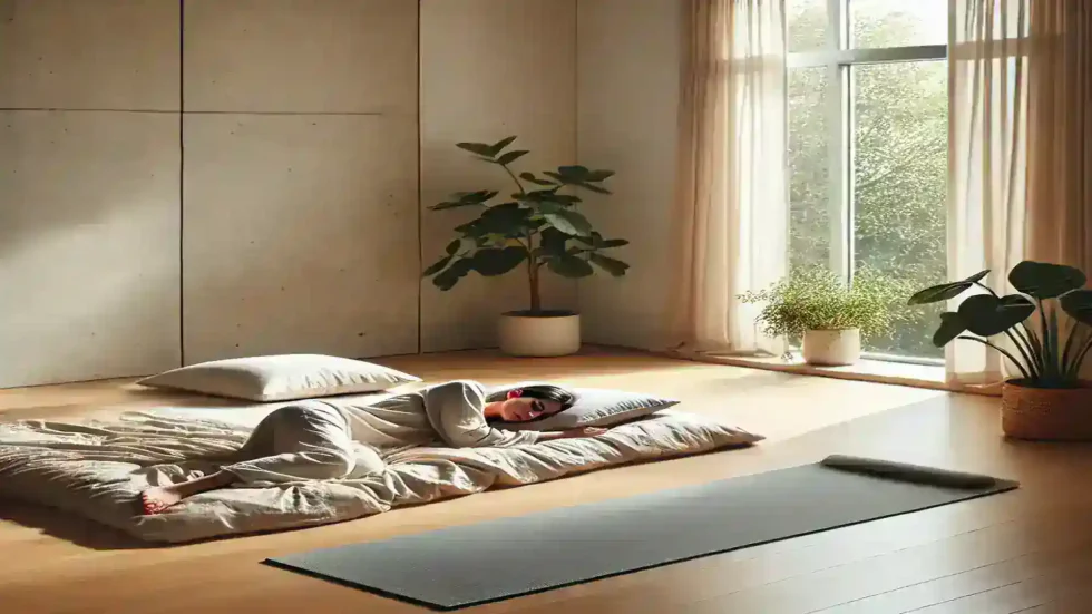 Person sleeping on a thin mat in a minimalist room with natural light, promoting posture, wellness, and eco-friendly living
