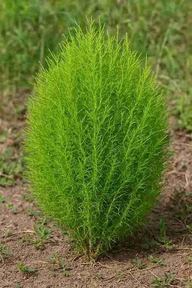 A vivid green Bassia scoparia shrub is situated in a garden, thriving in dry soil.
